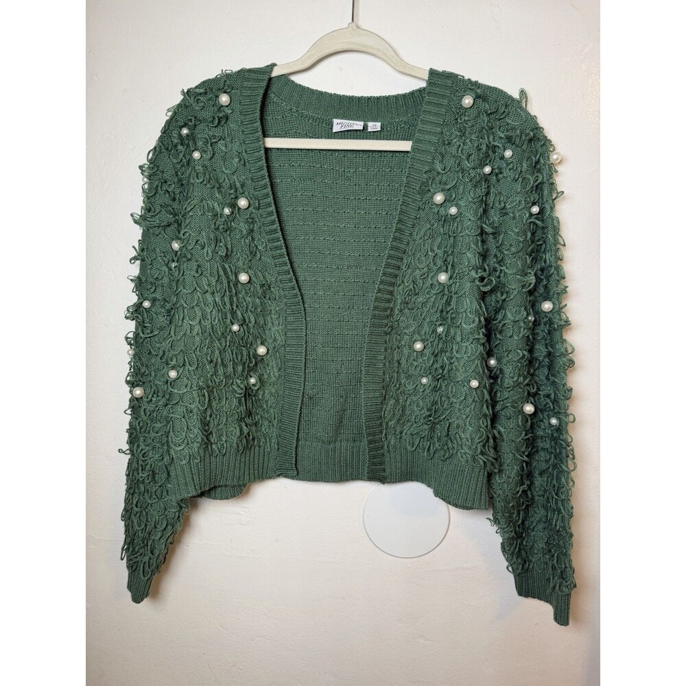 Mighty Fine 2X Green Pearl Embellished Loop Knit Cardigan Open Front